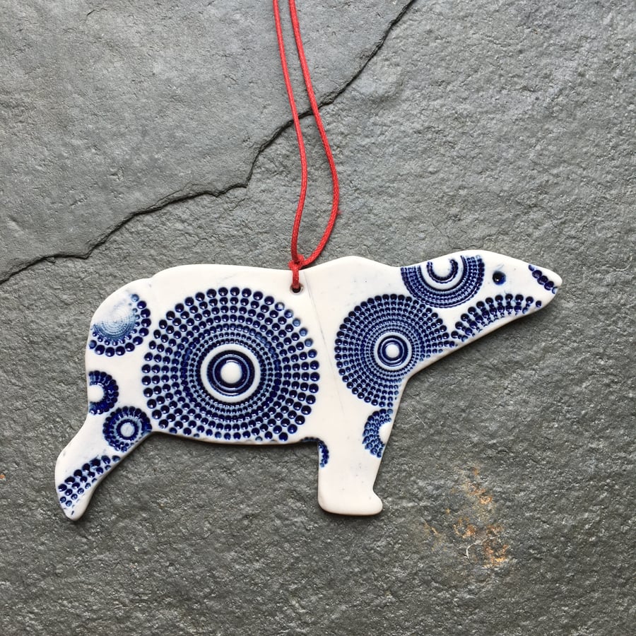 Polar Bear Christmas Tree decoration porcelain glazed, blue Xmas tree decoration