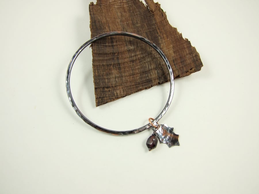 Reserved for Sam, Copper Bangle with Holly Charms & Holly Charms