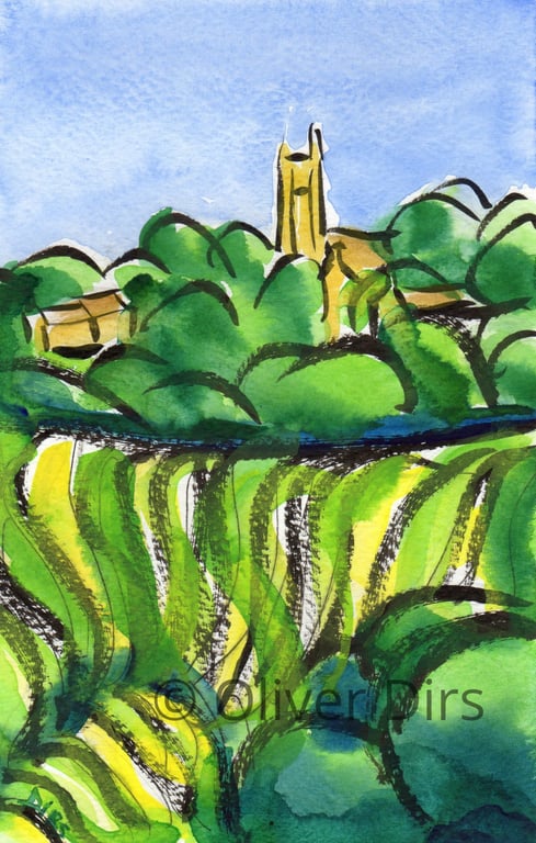 Colerne in Summer – original watercolour and ink painting, framed