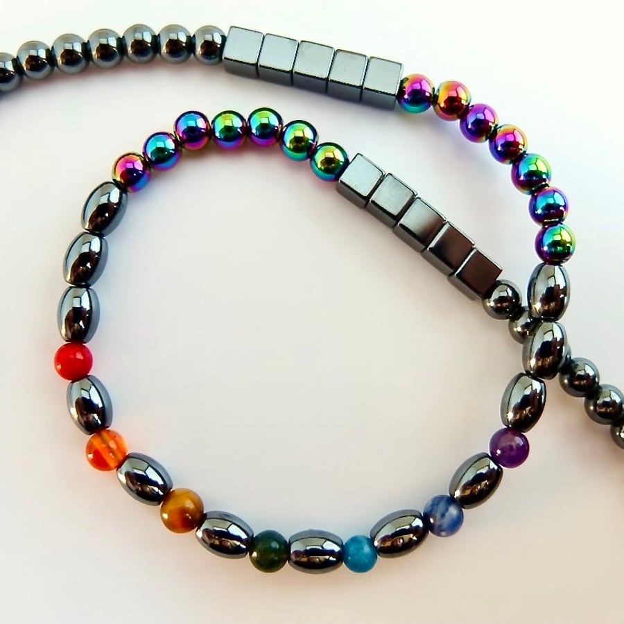 Haematite Necklace With Rainbow Of Semi-Precious Stones, Chakra Necklace
