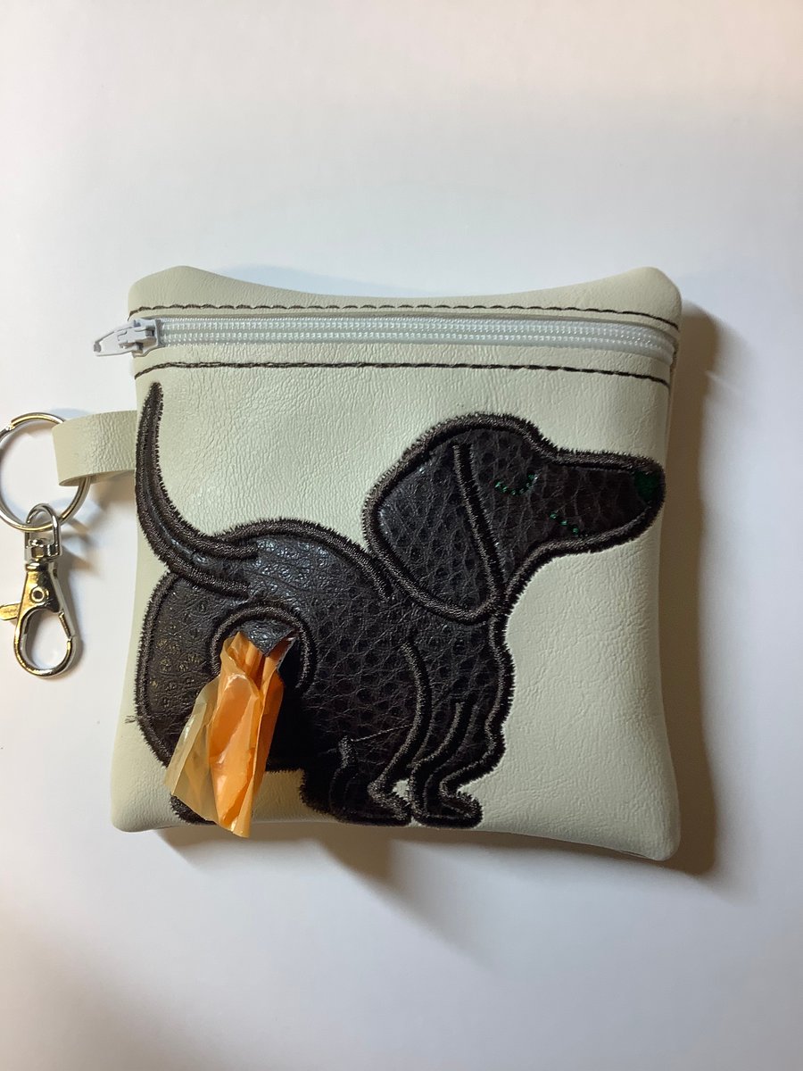 Lovely  Dachshund  Embroidered Cream faux leather dog poo bag ,dog walking,