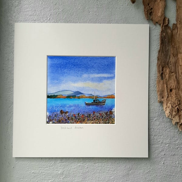 Original Watercolour of A Boat With Distant Arran. Ready to Frame. Free Post