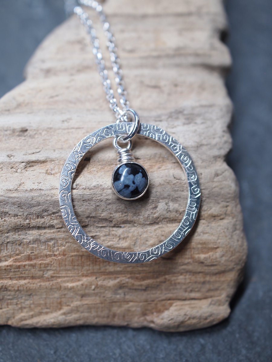 Snowflake Obsidian Silver Ring Pendant, handmade jewellery