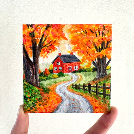 Original Autumn House Acrylic Canvas Painting - One of a kind