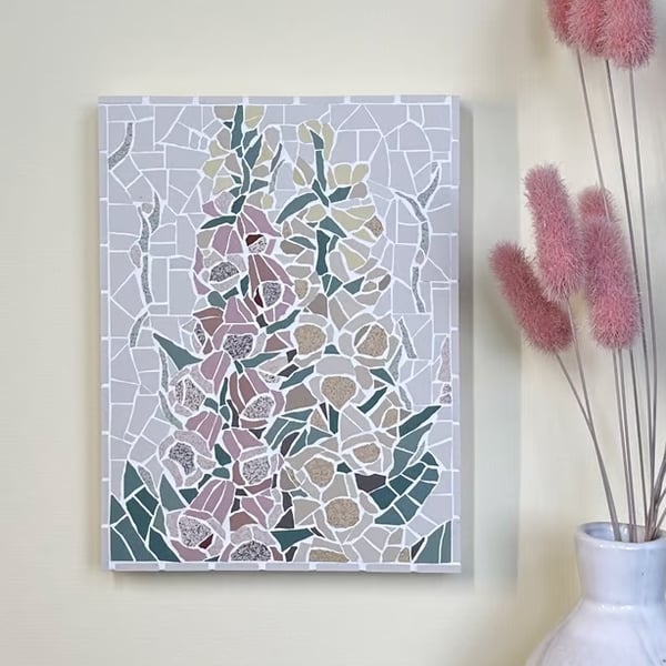 Mosaic Floral Art - Foxglove Mosaic Wall Plaque in White