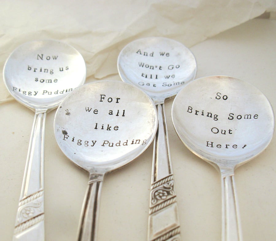 Xmas Pud spoons, Figgy Pudding, set of four hand stamped vintage dessertspoons