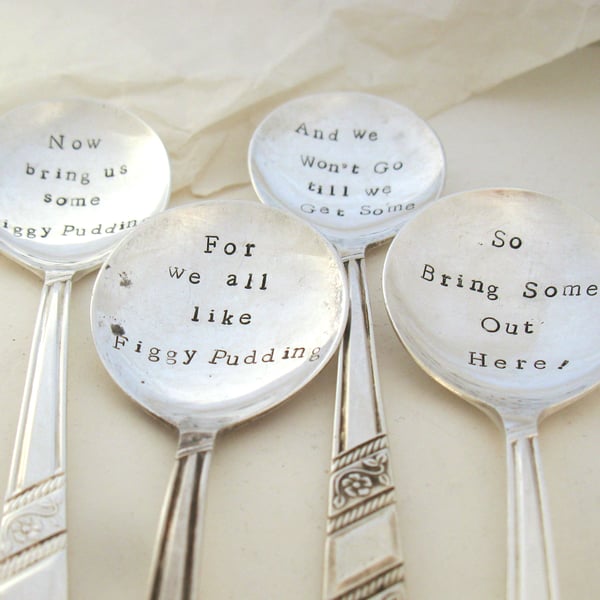 Xmas Pud spoons, Figgy Pudding, set of four hand stamped vintage dessertspoons