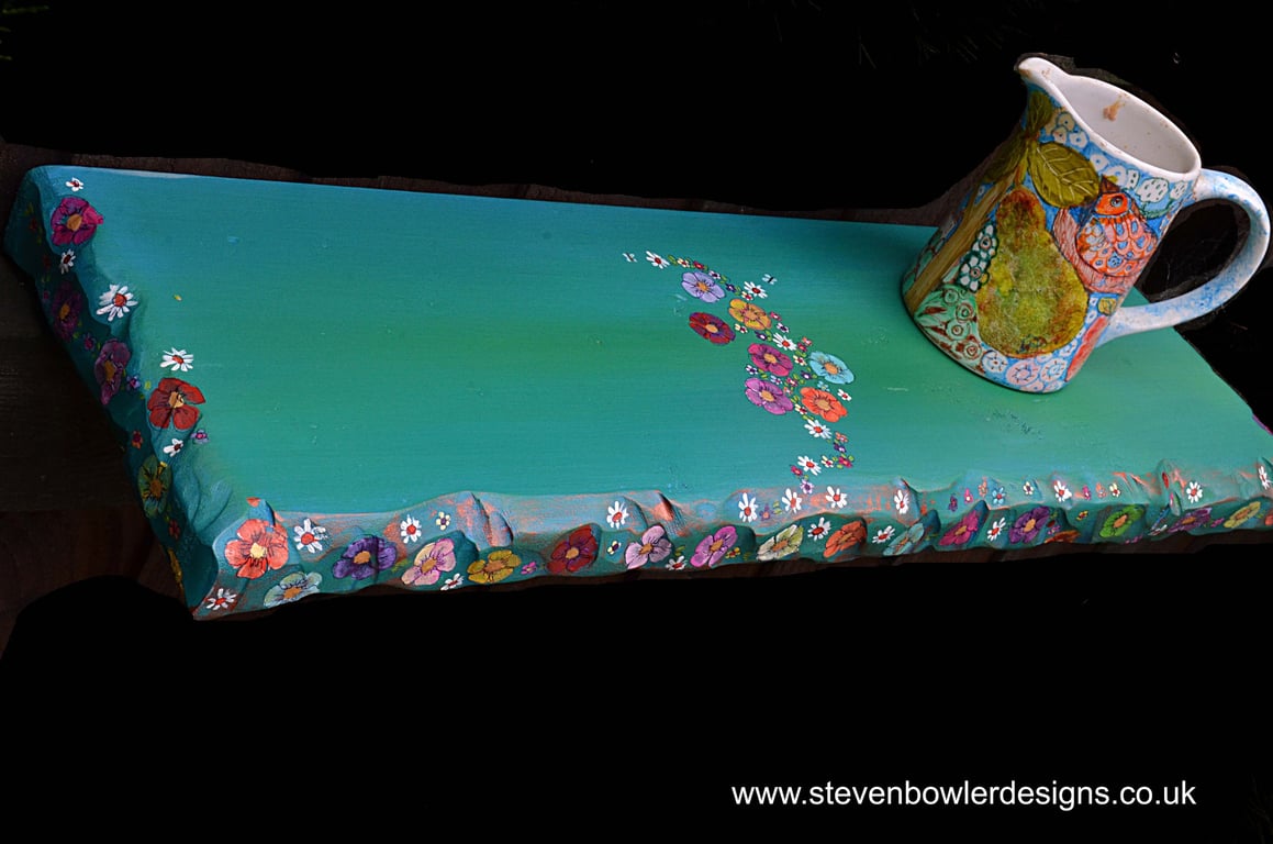 Hand Painted Cottage Flowers Jade Green and Copper Floating Shelf: