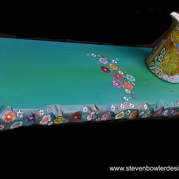 Hand Painted Cottage Flowers Jade Green and Copper Floating Shelf: