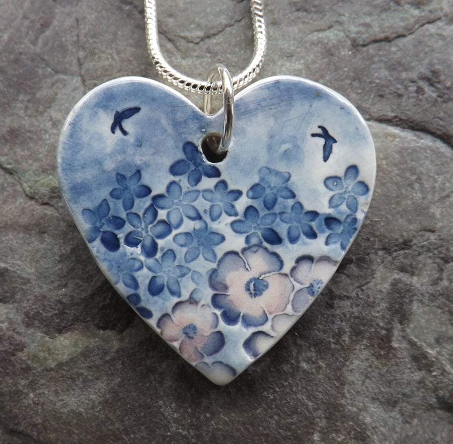 Handmade Ceramic Heart Pendant in indigo blue and rose pink 