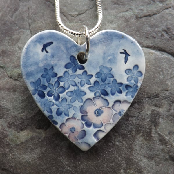 Handmade Ceramic Heart Pendant in indigo blue and rose pink 