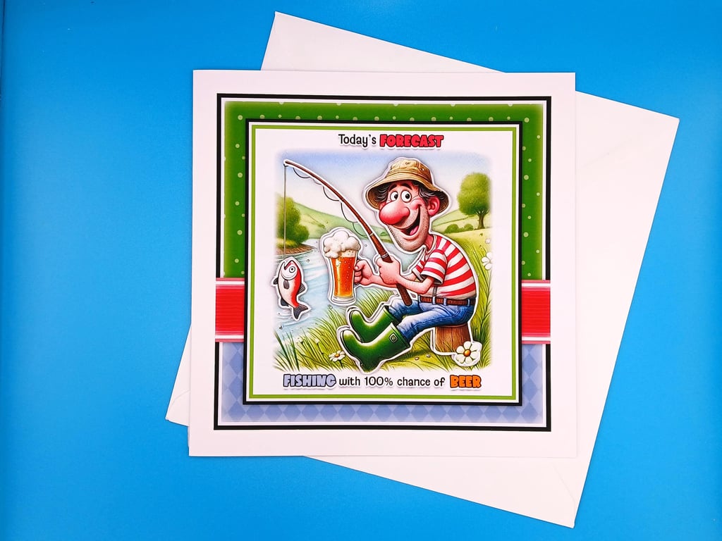 Funny Fishing Birthday Card, Decoupage, 8x8inches, 20x20cms