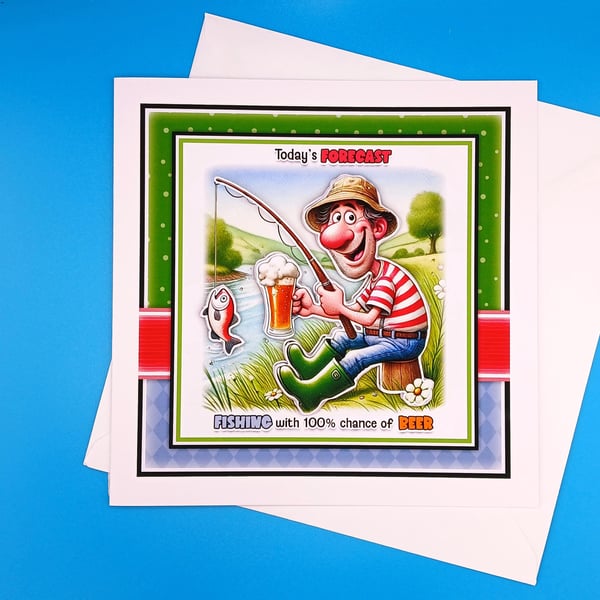 Funny Fishing Birthday Card, Decoupage, 8x8inches, 20x20cms