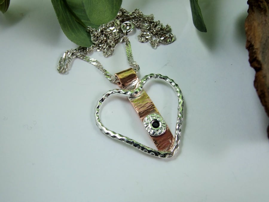 SECONDS SUNDAY - Pendant, Fancy Heart, Copper & Silver with Sapphire 