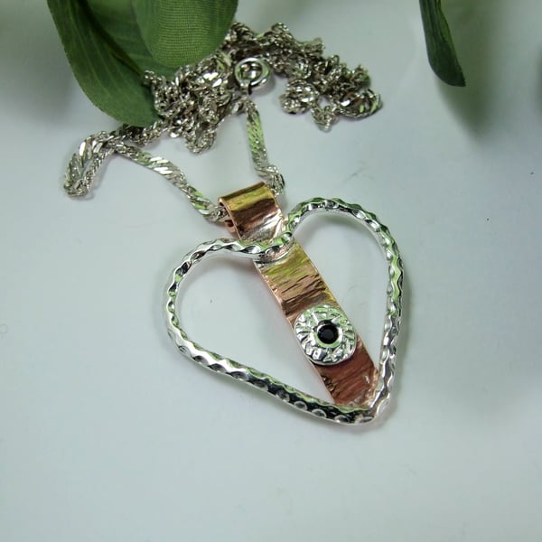 SECONDS SUNDAY - Pendant, Fancy Heart, Copper & Silver with Sapphire 