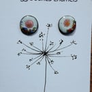 Round stud earrings - 9mm - Enamelled with sterling silver post -FLORAL