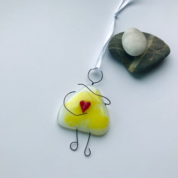 Yellow fused glass girl, hug, heart, gift for friend