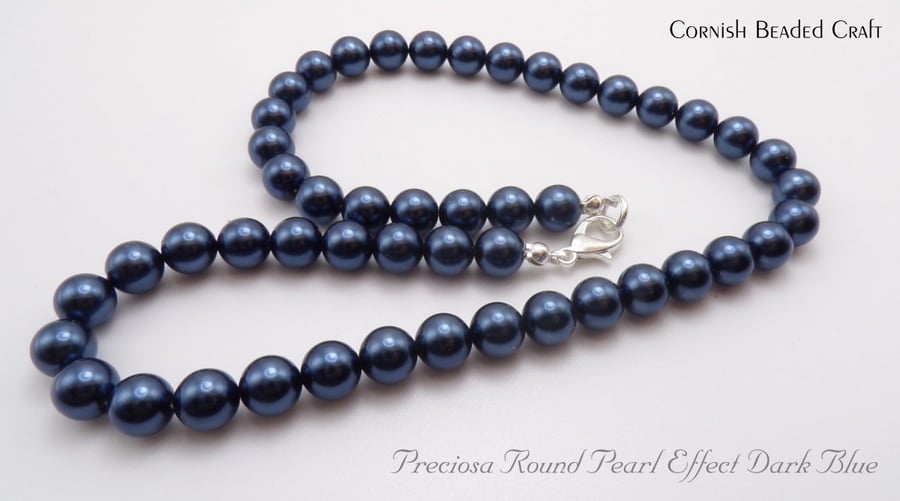 Preciosa Dark Blue Pearl Effect Beads Necklace 8mm. - FREE UK P&P