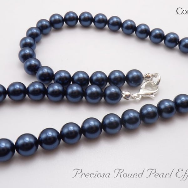 Preciosa Dark Blue Pearl Effect Beads Necklace 8mm. - FREE UK P&P