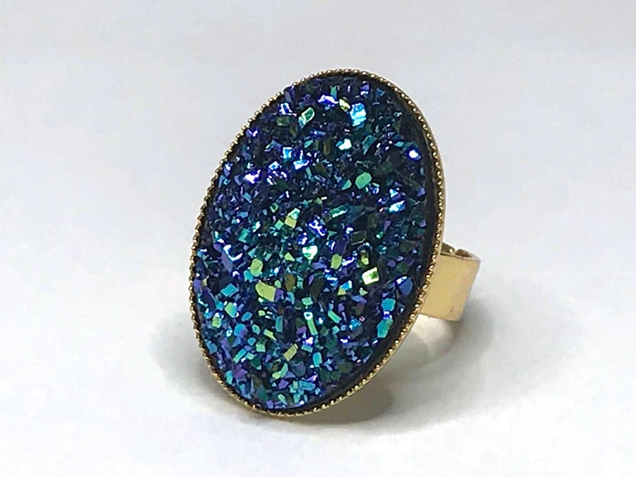 BLUE GLITTER RING gold plate fits all sizes midnight navy disco cocktail disco