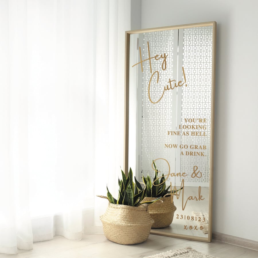 Hey Cutie - Wedding Mirror Sticker - Personalised Names, Selfie Mirror, Guest 