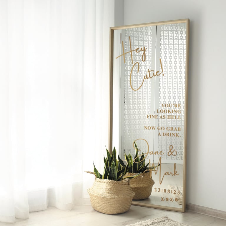 Hey Cutie - Wedding Mirror Sticker - Personalised Names, Selfie Mirror, Guest 