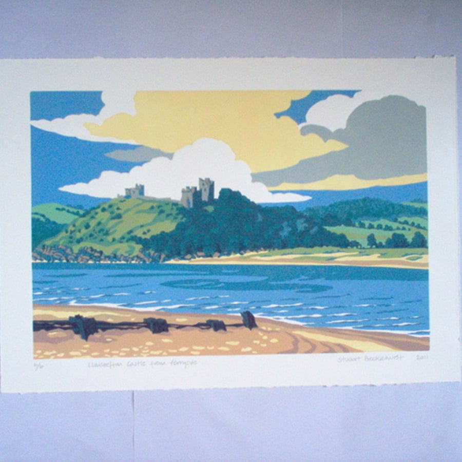Llansteffan Castle from Ferryside. Linocut Print.