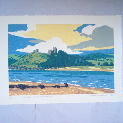 Llansteffan Castle from Ferryside. Linocut Print.