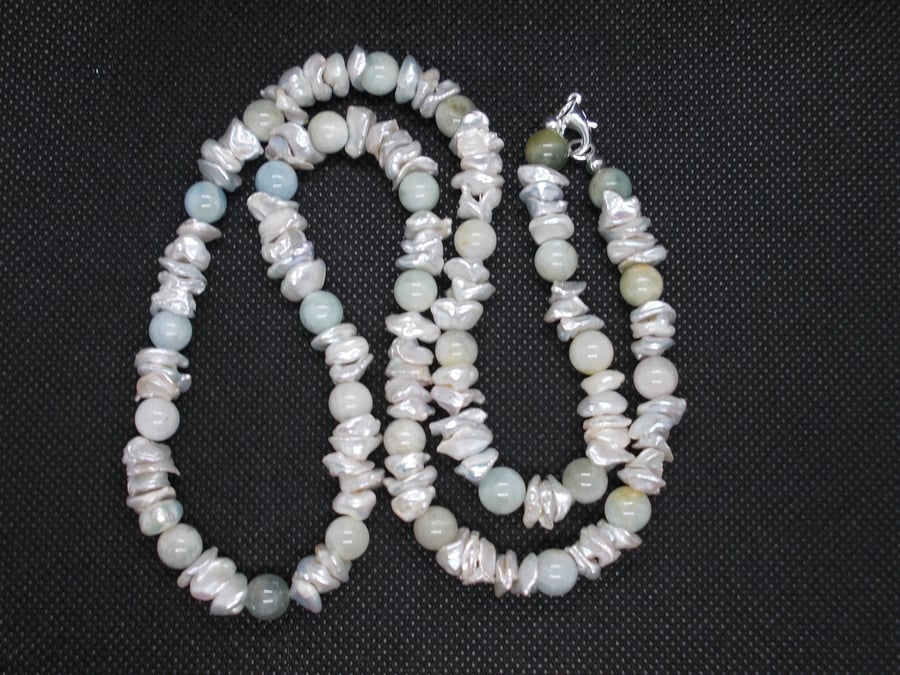 Keshi freshwater cultured pearl and aquamarine necklace