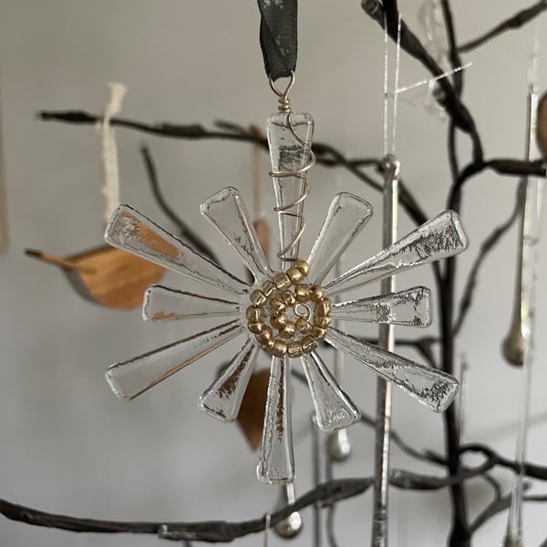 Handmade Bead Wrapped Snowflake Fused Glass Christmas Tree Decoration