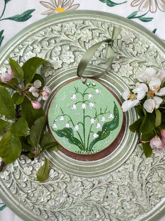 Lily of the valley hand-painted ornament, May birth flower gift