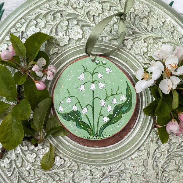 Lily of the valley hand-painted ornament, May birth flower gift