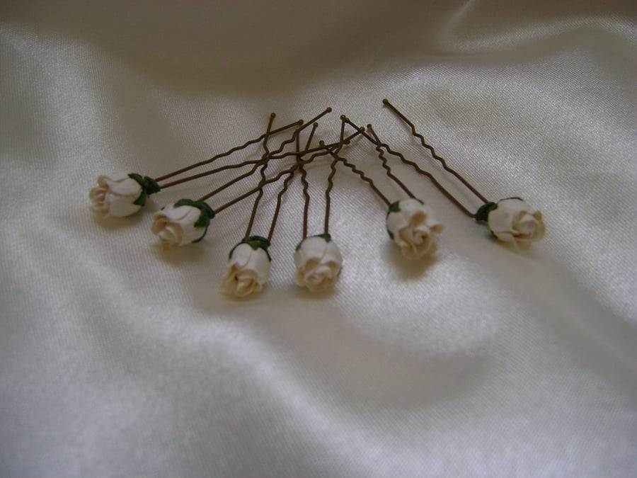 Six Ivory Rosebud Hairpins 