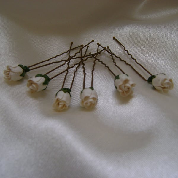 Six Ivory Rosebud Hairpins 