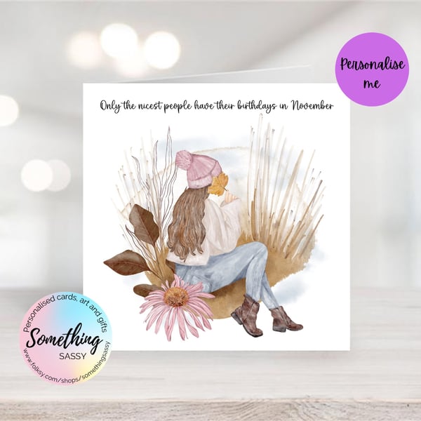 Personalised  Watercolour print greetings card for a November Birthday
