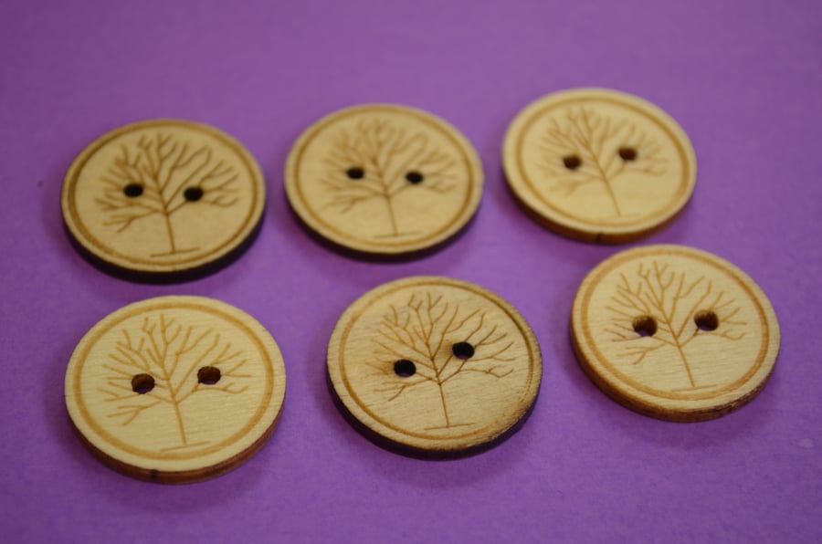 25mm Natural Wooden Tree Buttons 6pk Tree of Life Wood (WNT1)