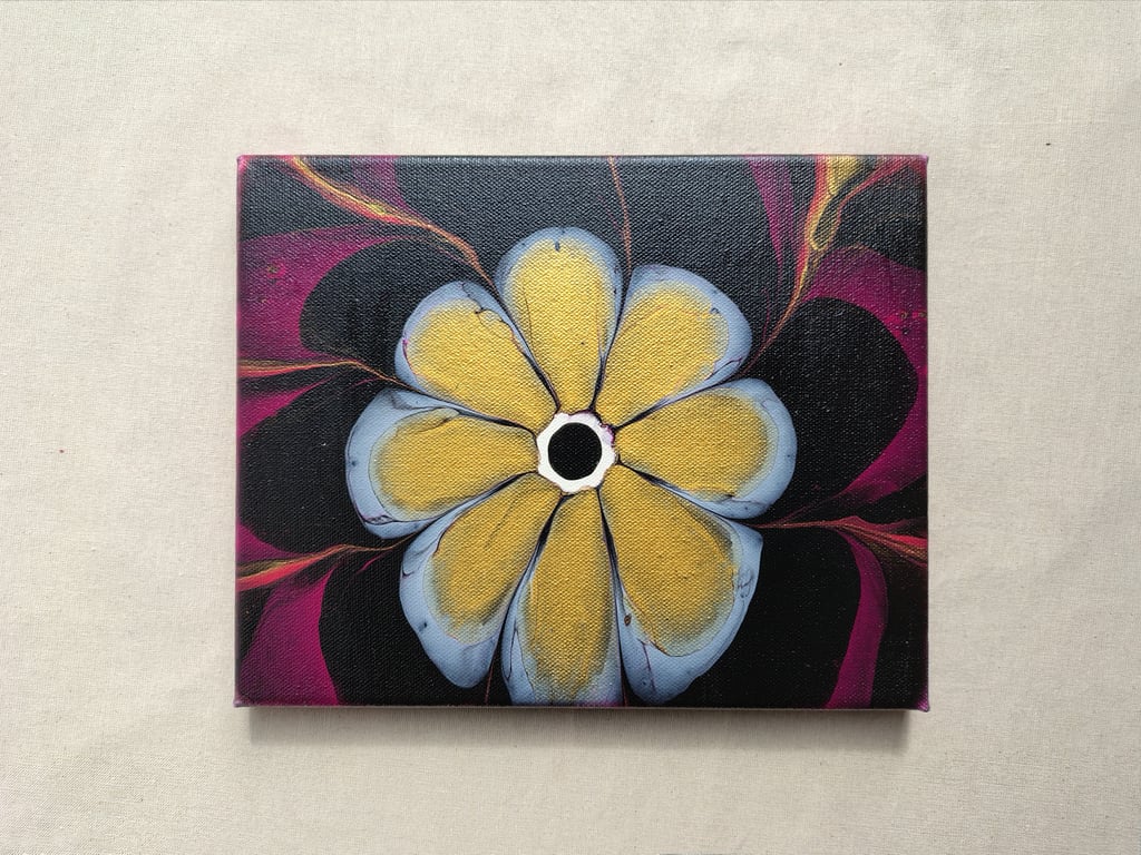 Acrylic Pour Art Canvas, Wall Art - White, Gold, Black & Magenta Colour Scheme