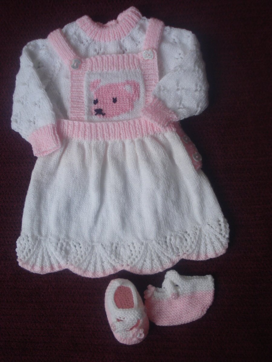 Pink And White Dress With Teddy Face On Bib Front, White and Pink Bootees (R180)