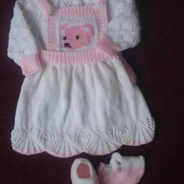 Pink And White Dress With Teddy Face On Bib Front, White and Pink Bootees (R180)