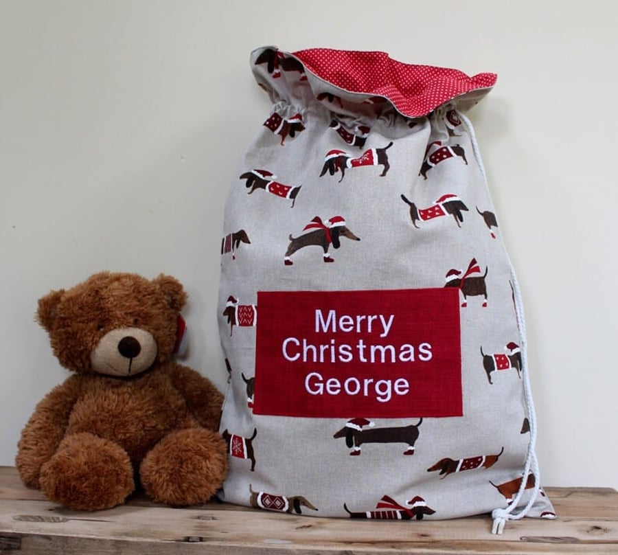 Dachshund Christmas Fabric Personalised Sack
