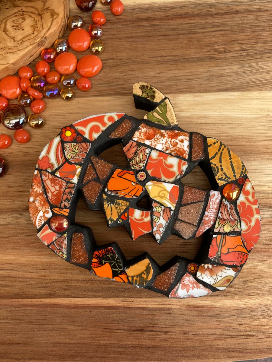 Freestanding Halloween Mosaic Pumpkin, Handmade from Vintage China