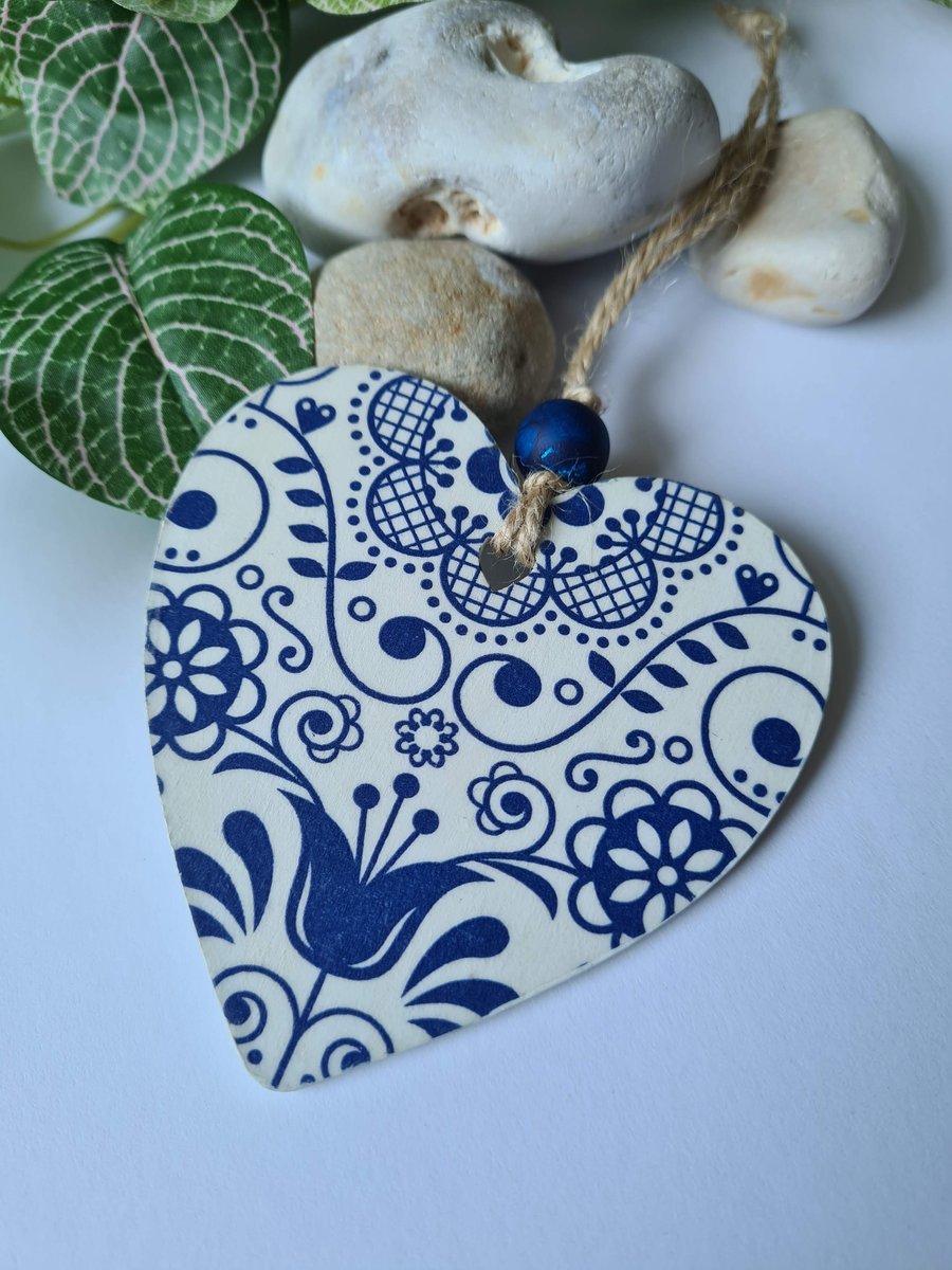 Wooden decoupage blue and white hanging decoration scandi decor letterbox gift
