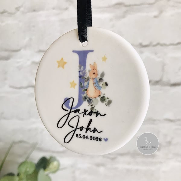 Peter rabbit Christening gift, name and initial decoration, ceramic ornament, 