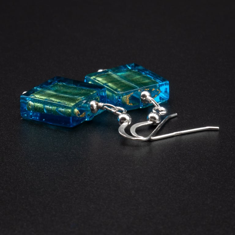 Gold foil lined square drop glass earrings 