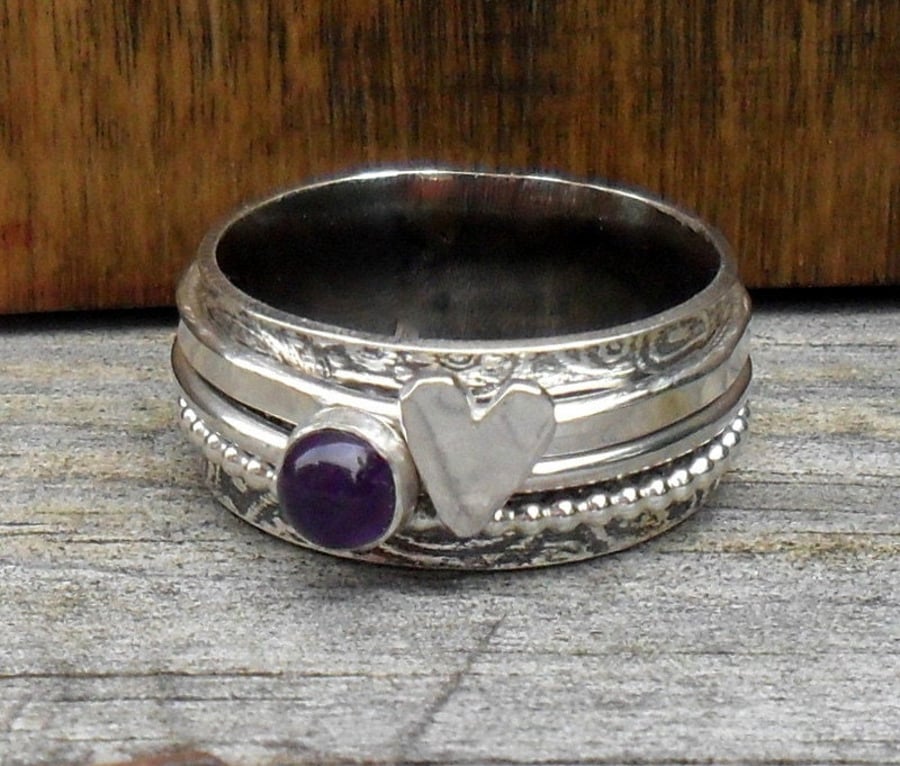 Handmade Sterling Silver Amethyst & Heart Spinner Ring