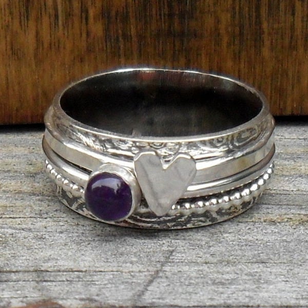 Handmade Sterling Silver Amethyst & Heart Spinner Ring