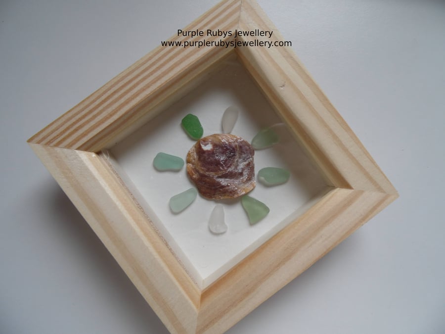 Green Tones Cornish Sea Glass & Oyster Shell Flower Picture P113
