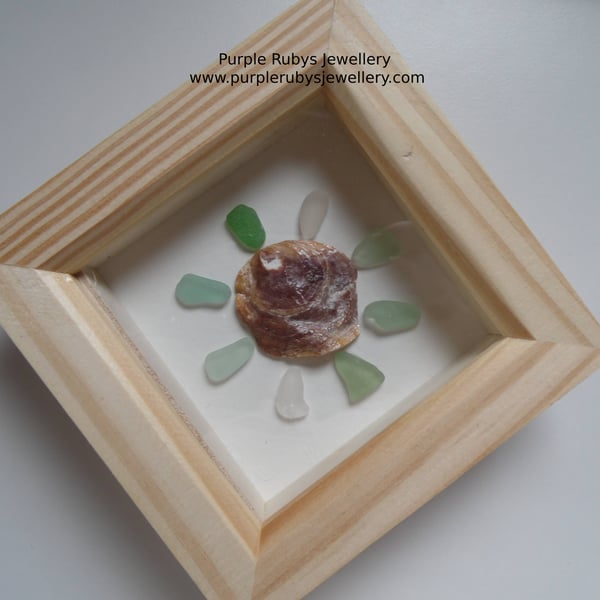 Green Tones Cornish Sea Glass & Oyster Shell Flower Picture P113