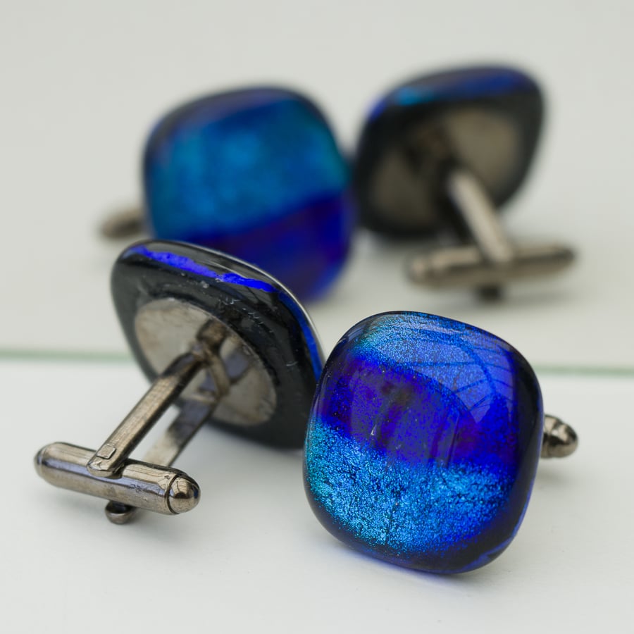Dichroic Glass Cufflinks - Shades of Blue - 4049