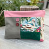 Repurposed Swan tapestry large soft pouch with bright floral lining